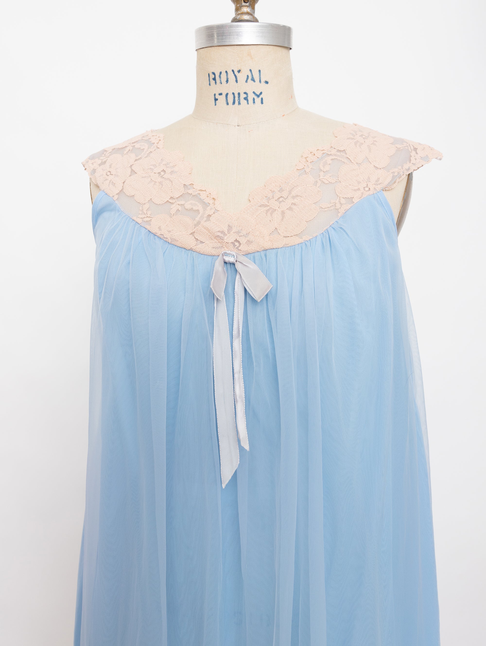 60s light blue tulle nude lace slip