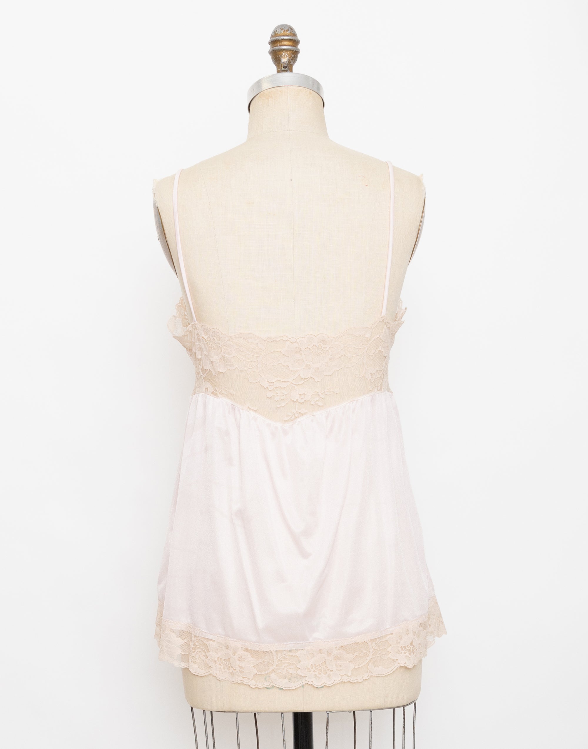 80s/90s sheer nude lace bodice pink ruffle babydoll slip top