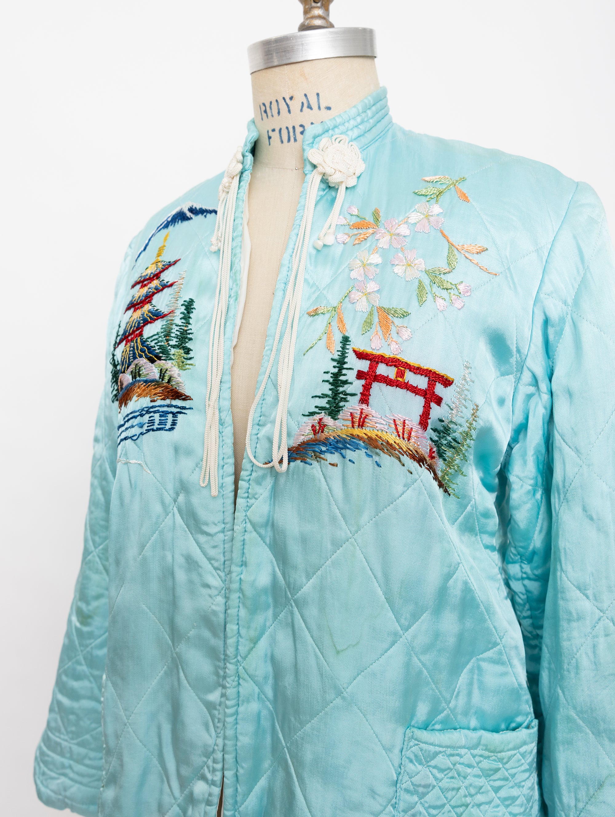 80s aqua satin embroidered jacket