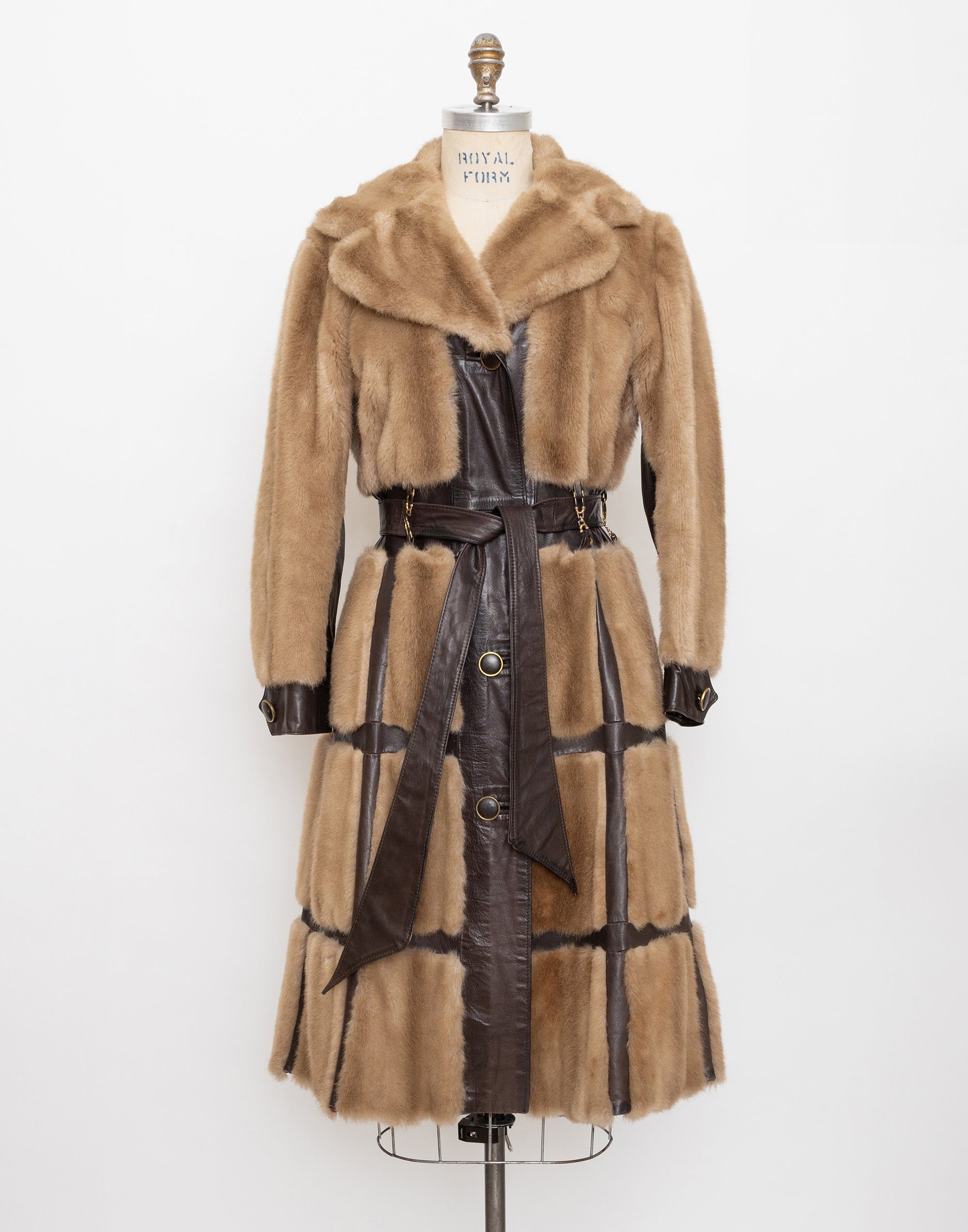 70s tissavel france beige faux fur and brown leather panel coat