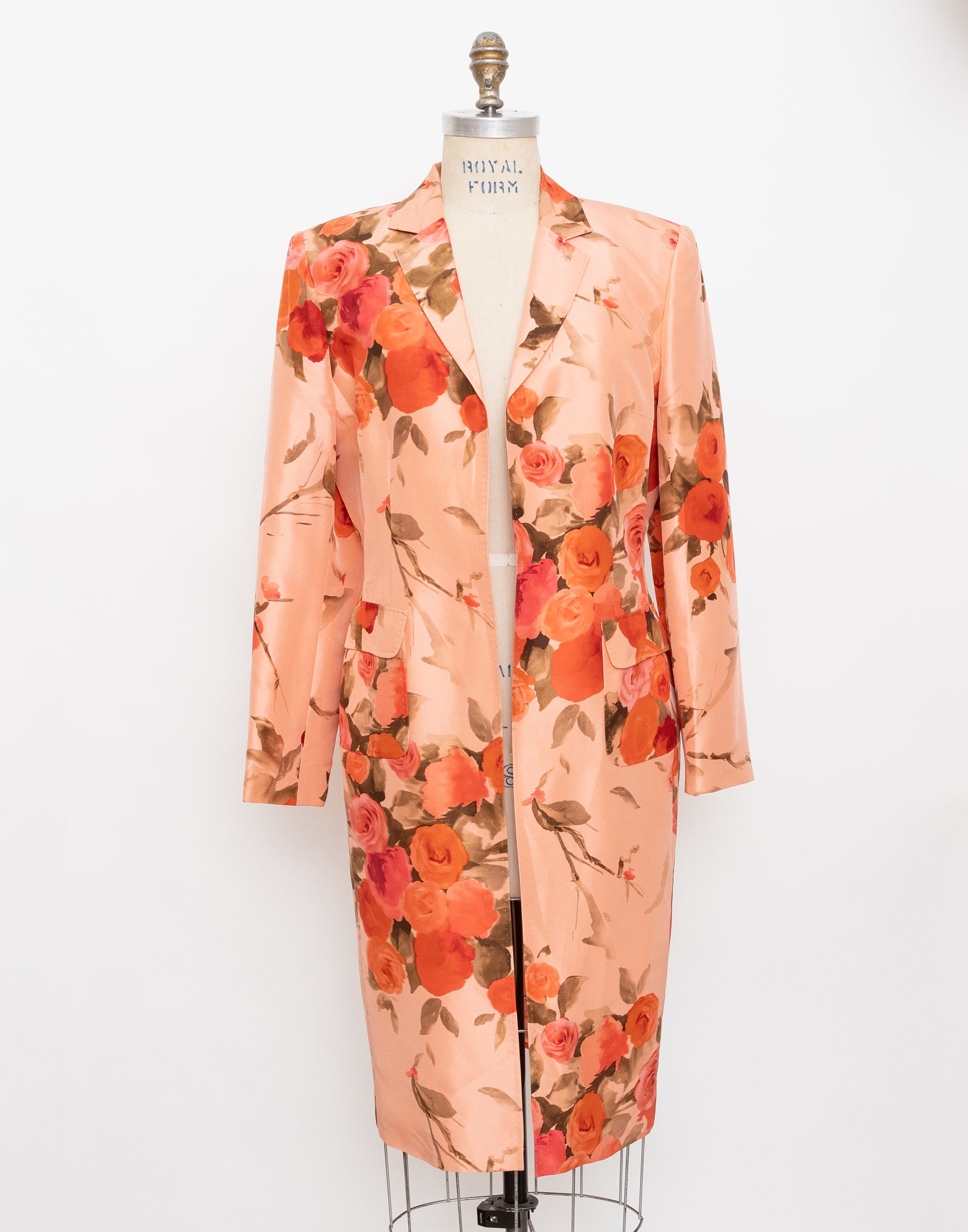 2000s Anne Klein peachy-pink rose print silk lightweight duster jacket 1
