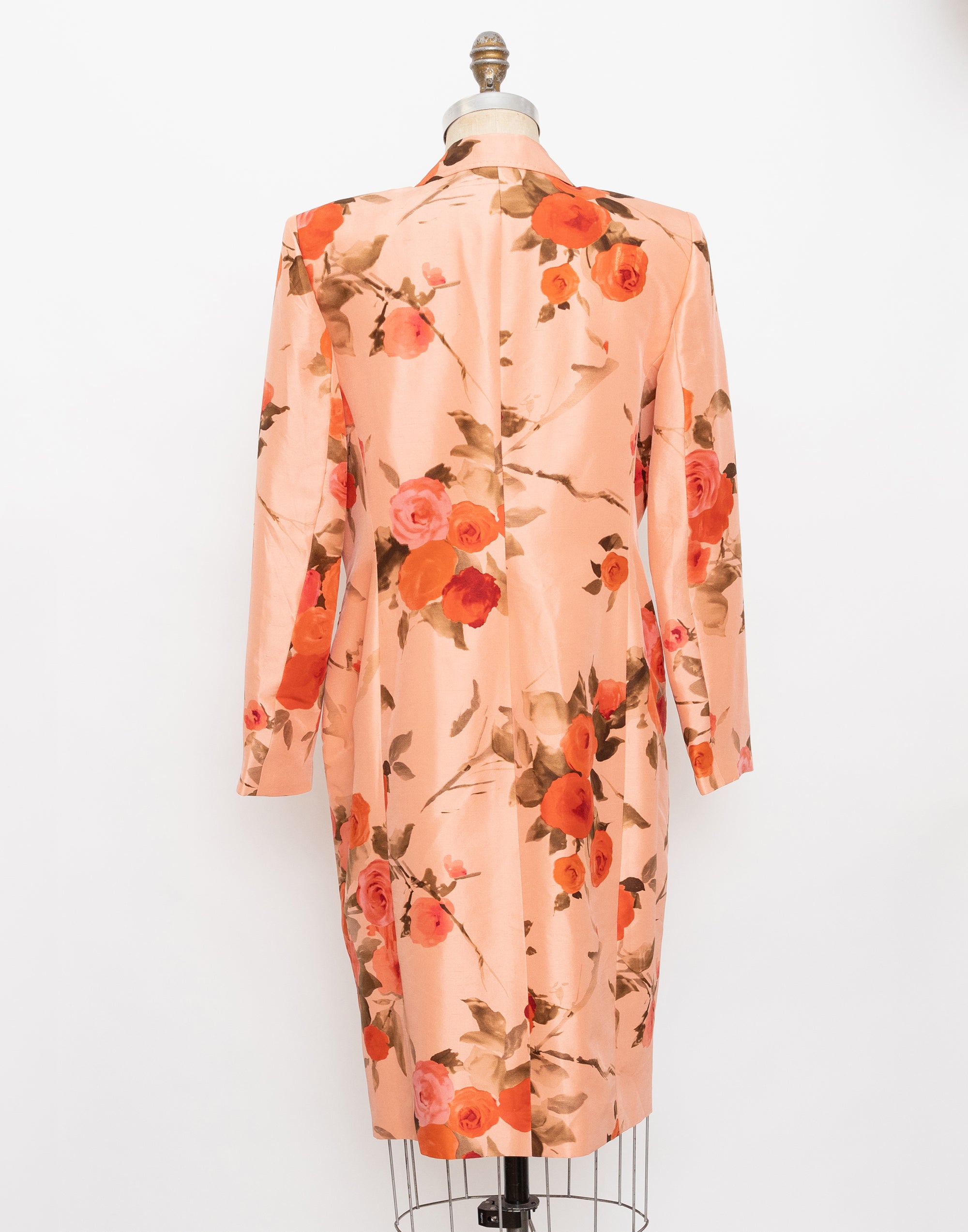 2000s Anne Klein peachy-pink rose print silk lightweight duster jacket 3