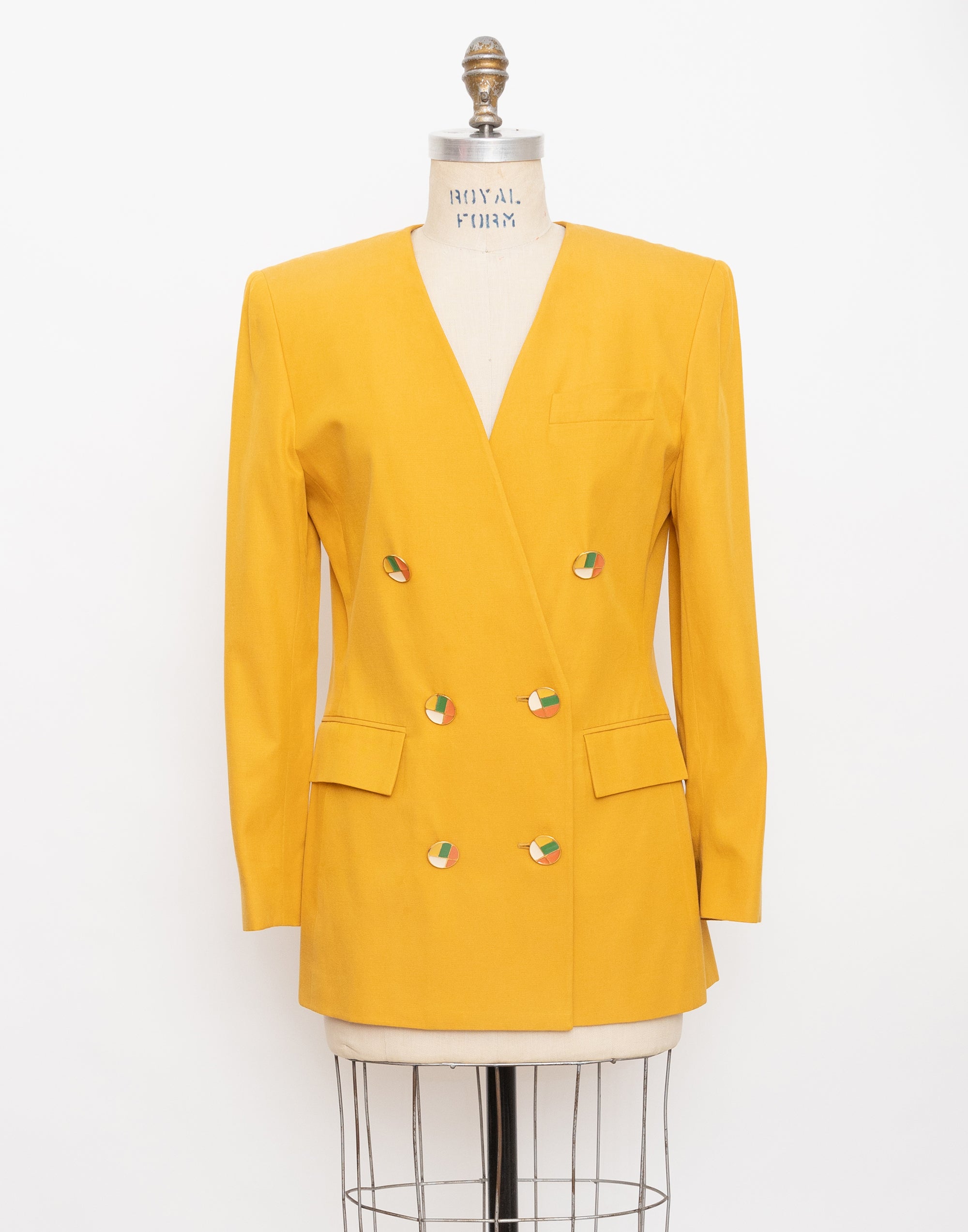 90s Lillie Rubin mustard silk + cotton double-breasted blazer with abstract colorful buttons 1