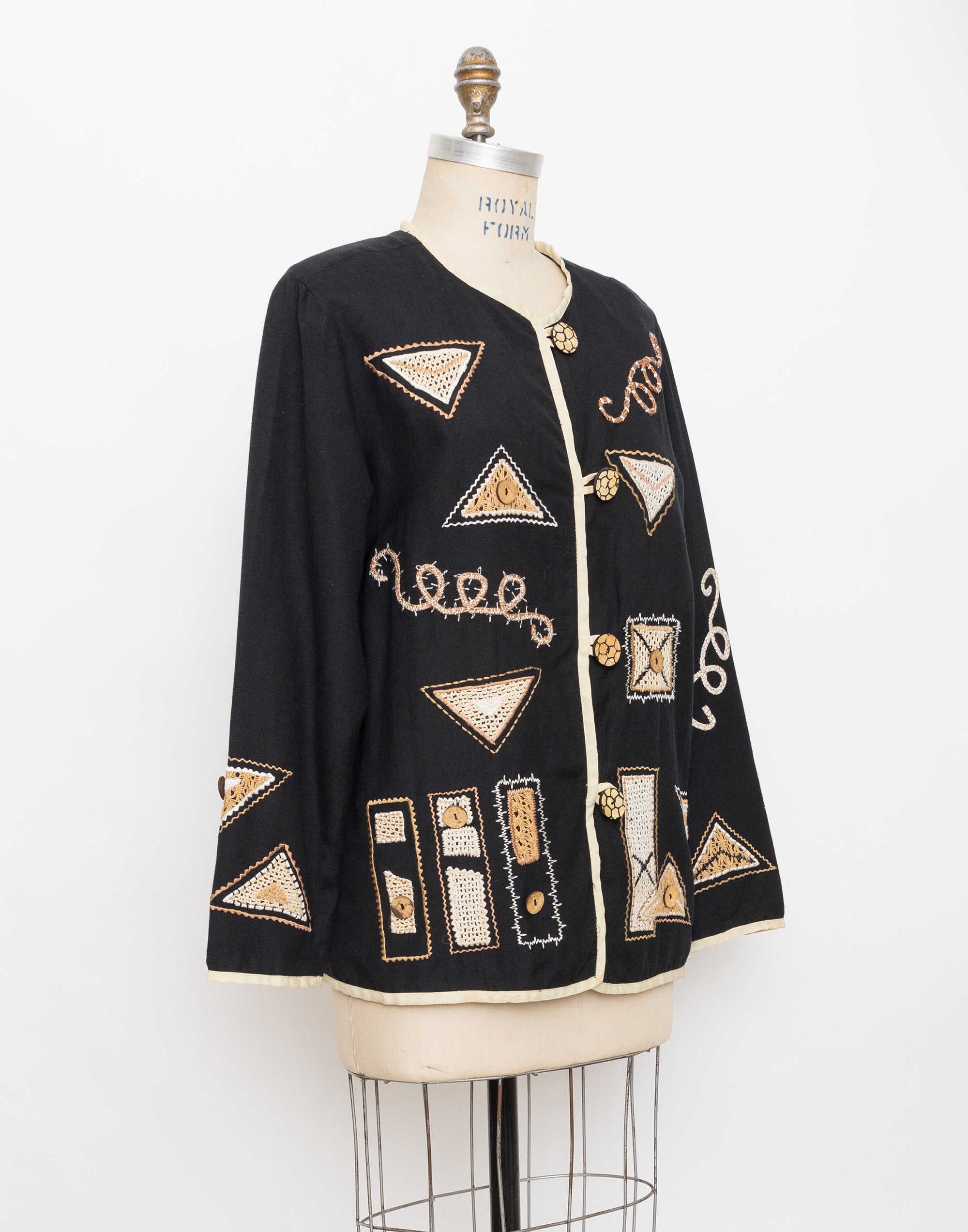 90s black and beige abstract crochet patch jacket