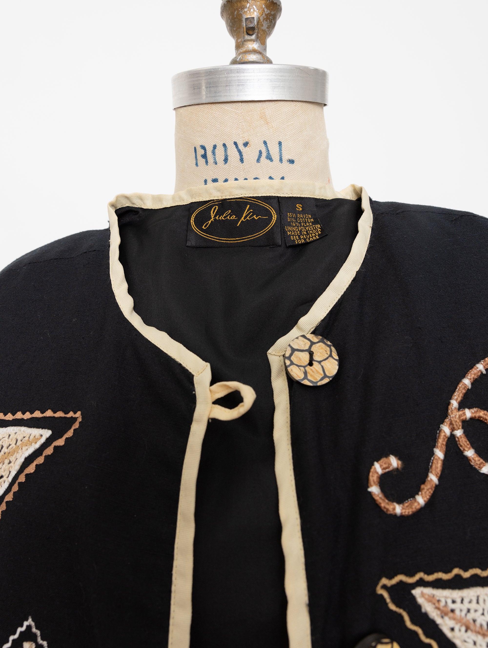 90s black and beige abstract crochet patch jacket