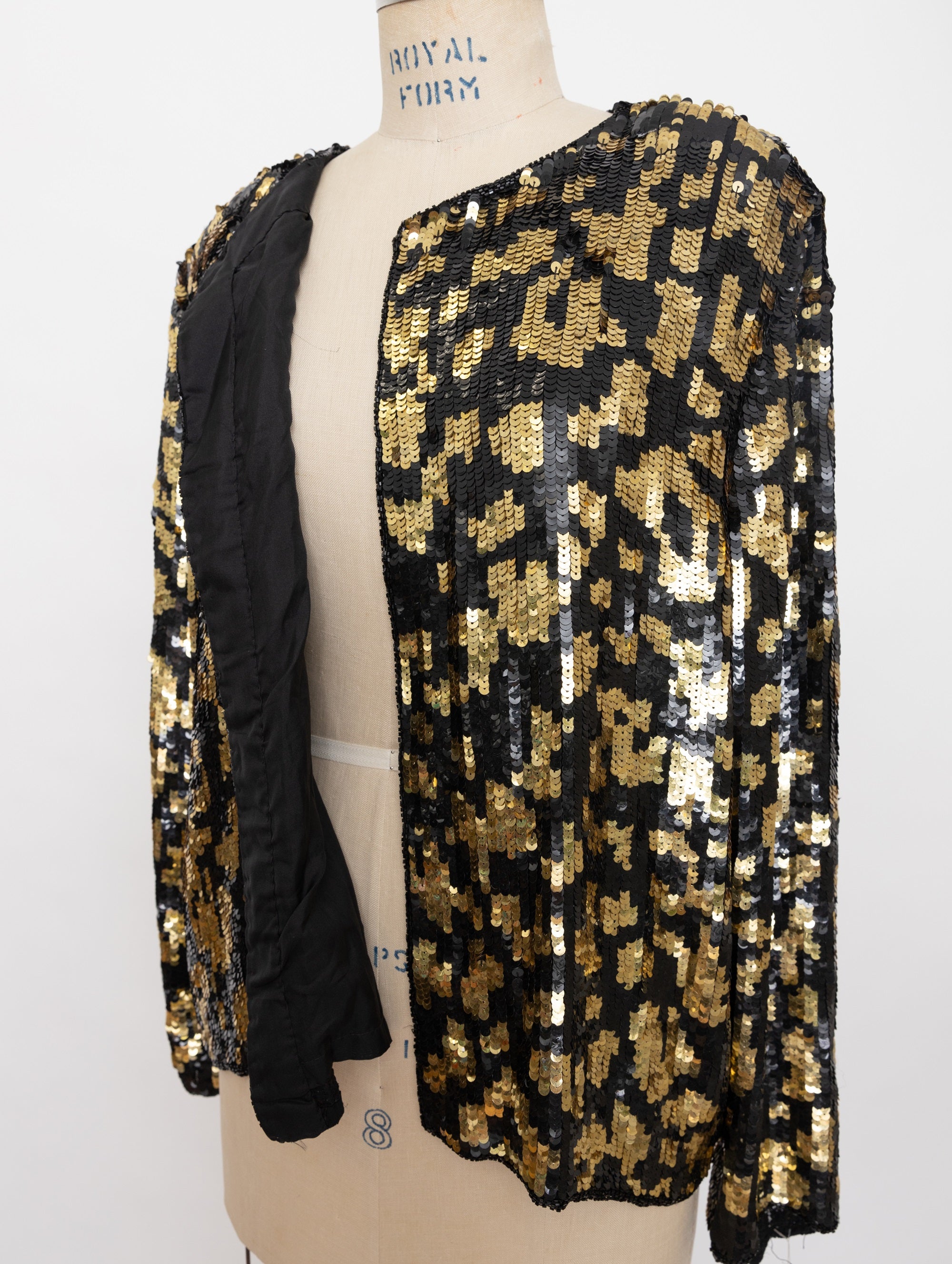 80s black and gold leopard print sequin jacket
