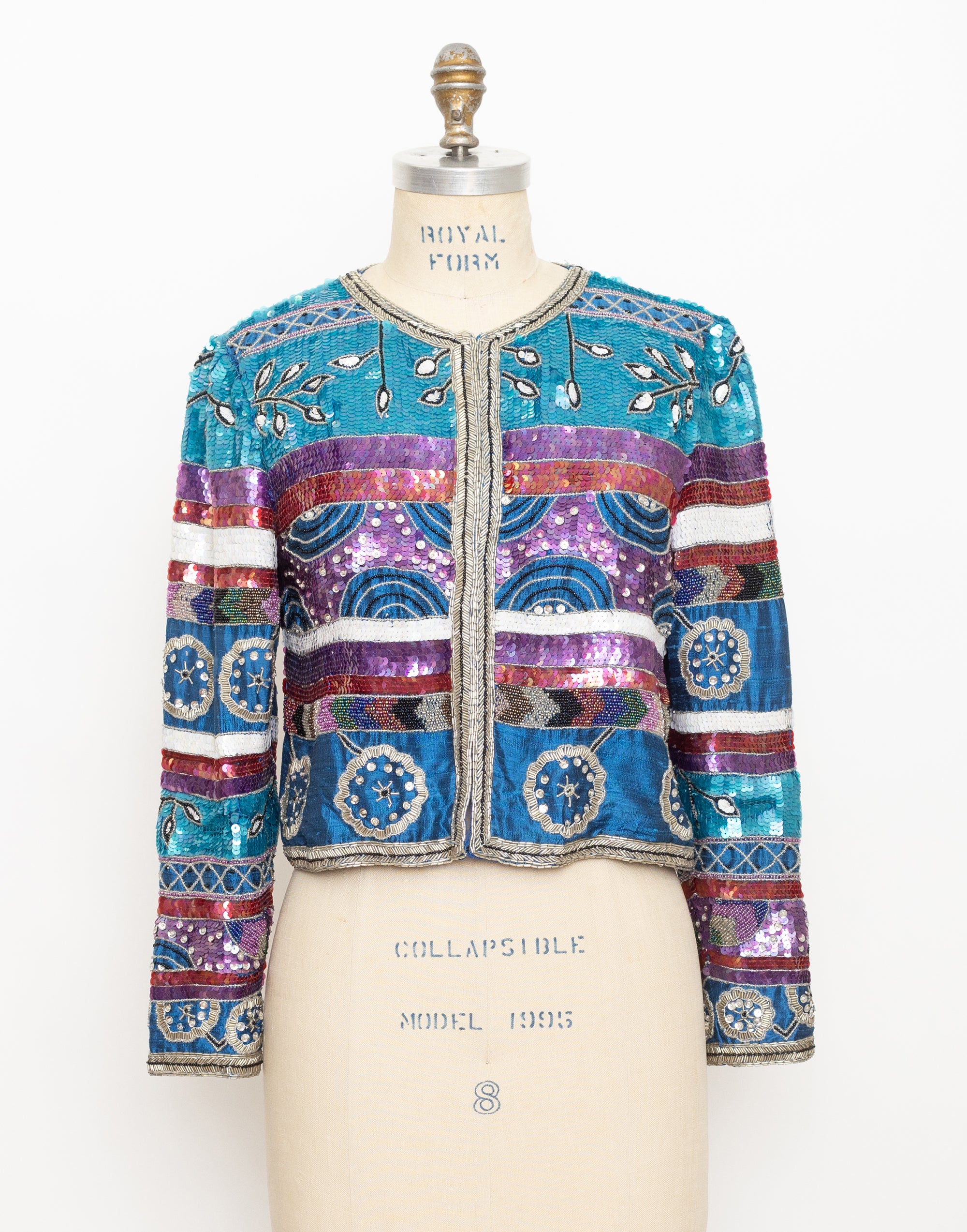 90s turquoise striped floral sequin jacket