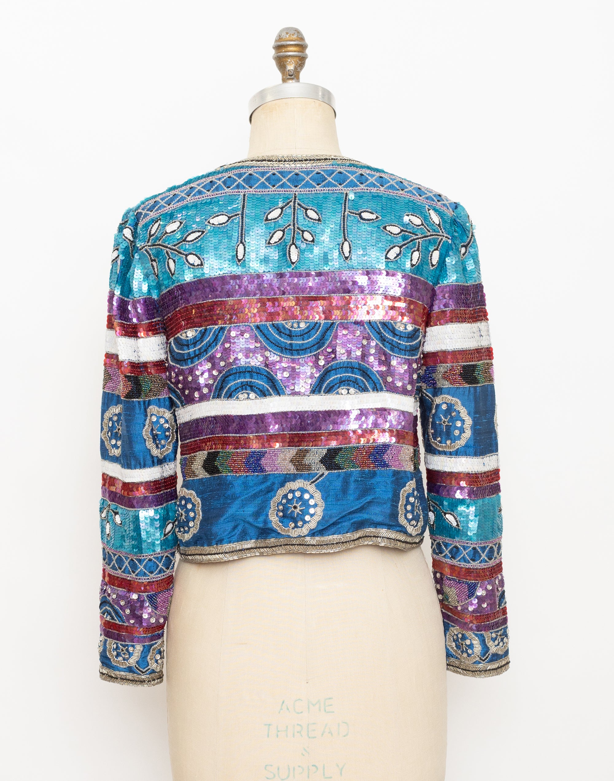 90s turquoise striped floral sequin jacket