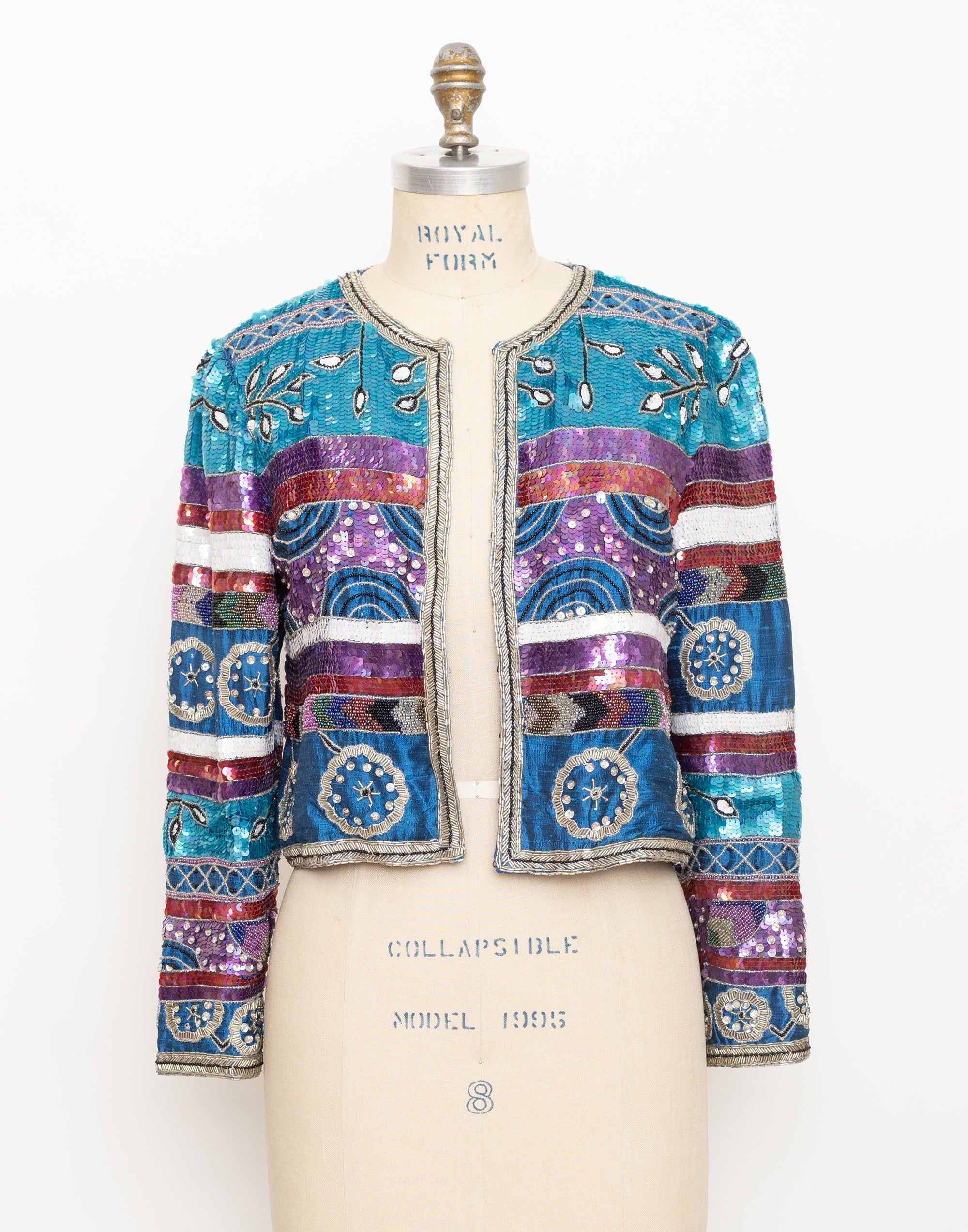 90s turquoise striped floral sequin jacket