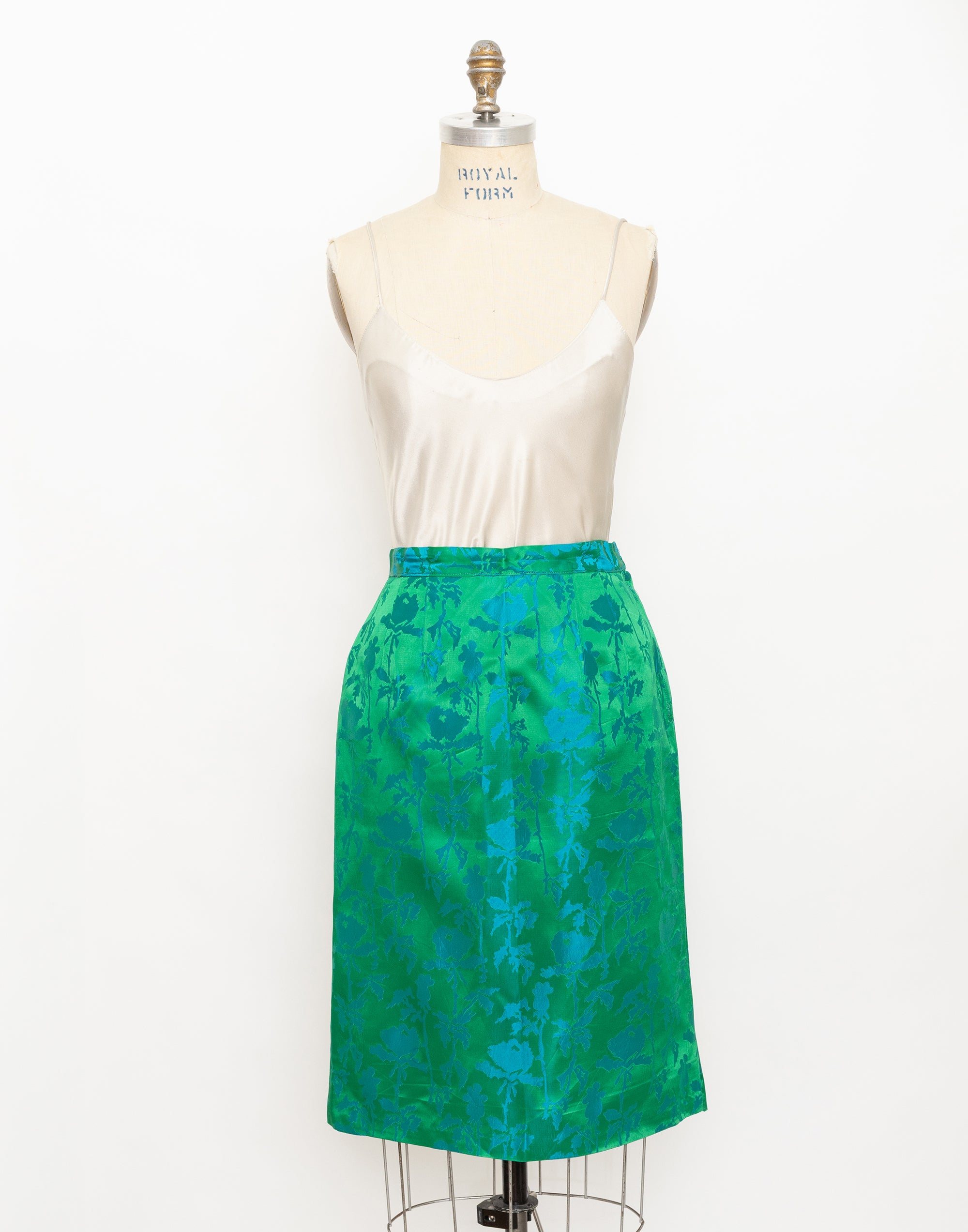 60s green and blue floral jacquard skirt