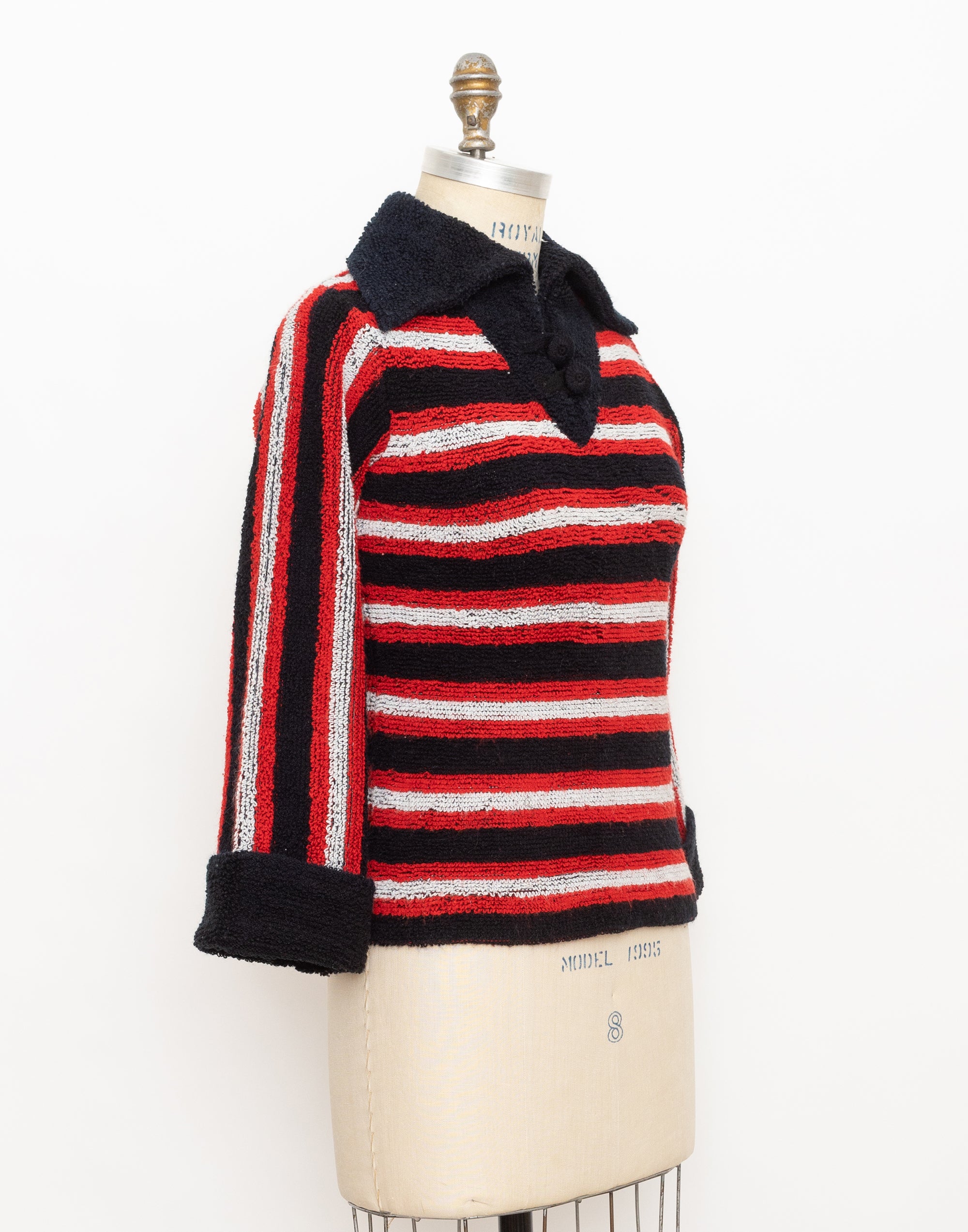 70s black red white striped terry cloth sailor top