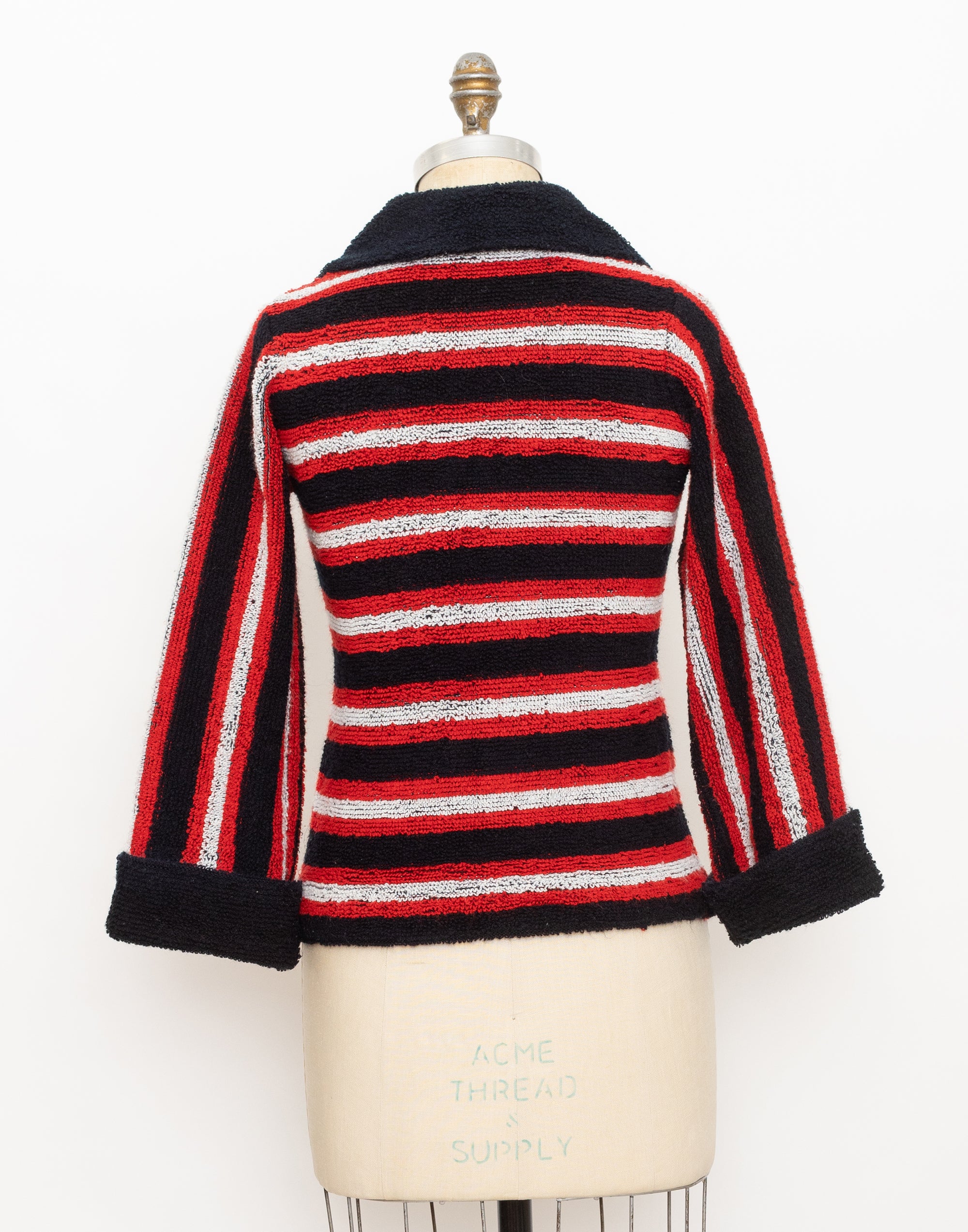 70s black red white striped terry cloth sailor top