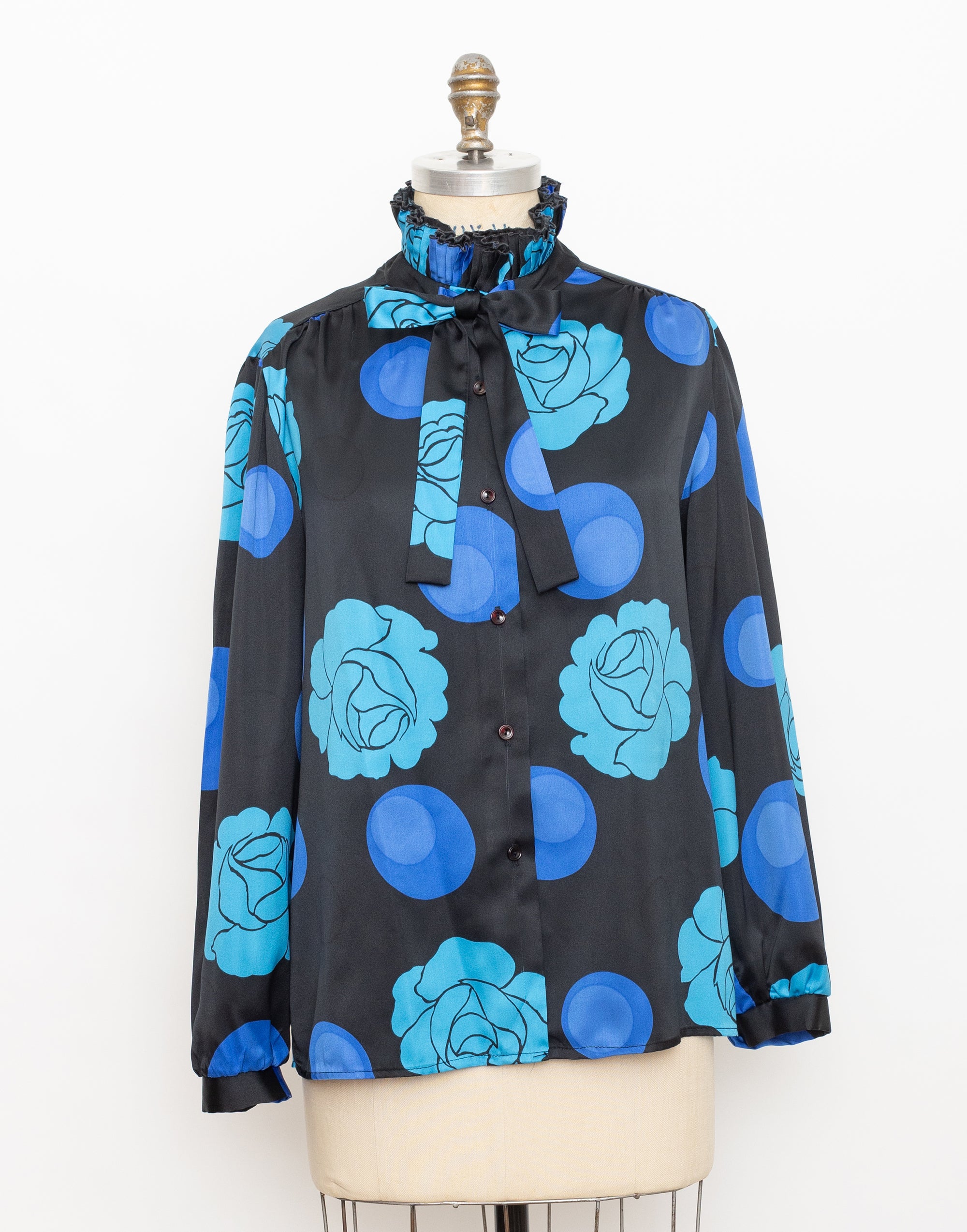 90s black and blue floral print blouse with ruffle collar