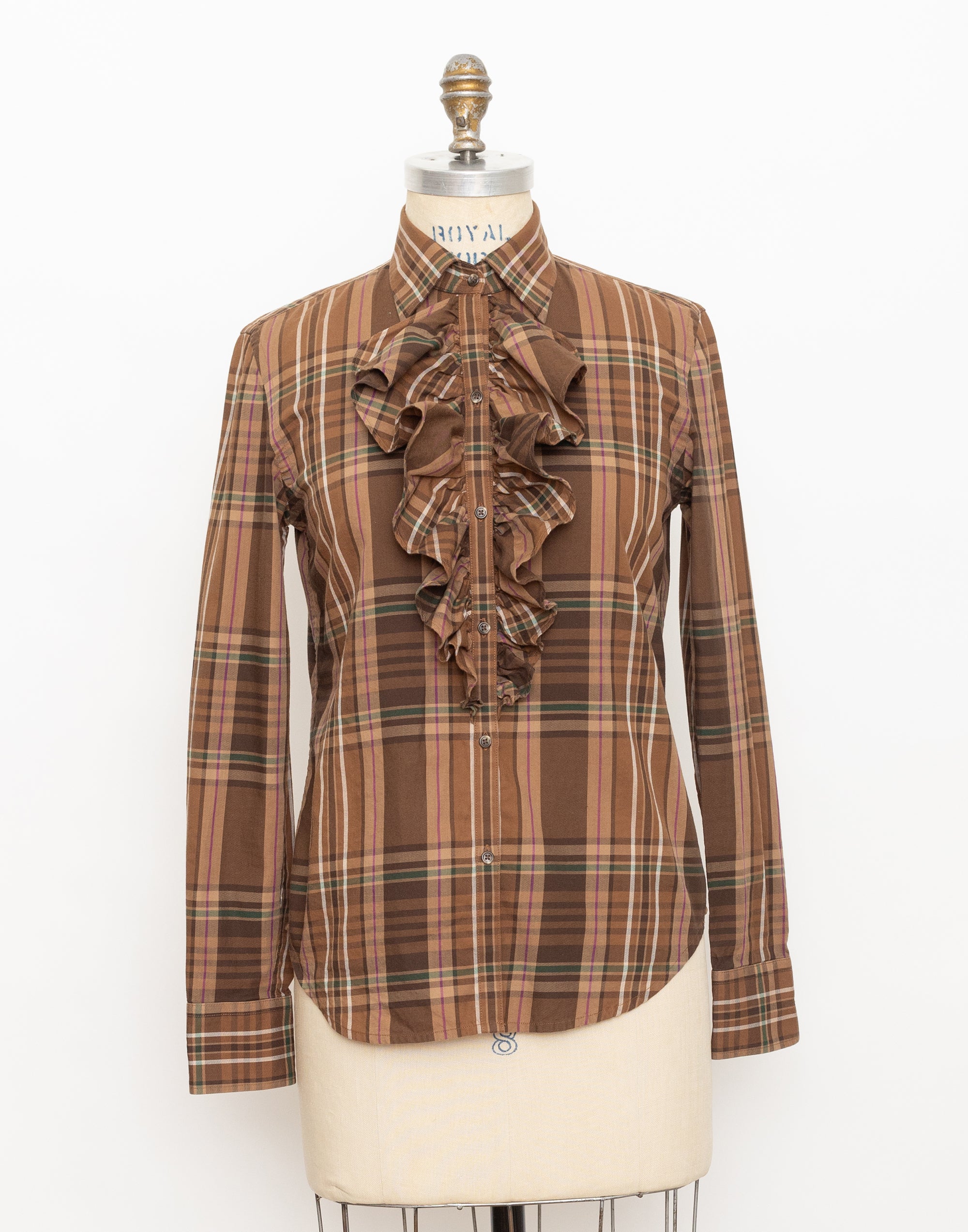 90s ralph lauren brown plaid ruffle long sleeve top