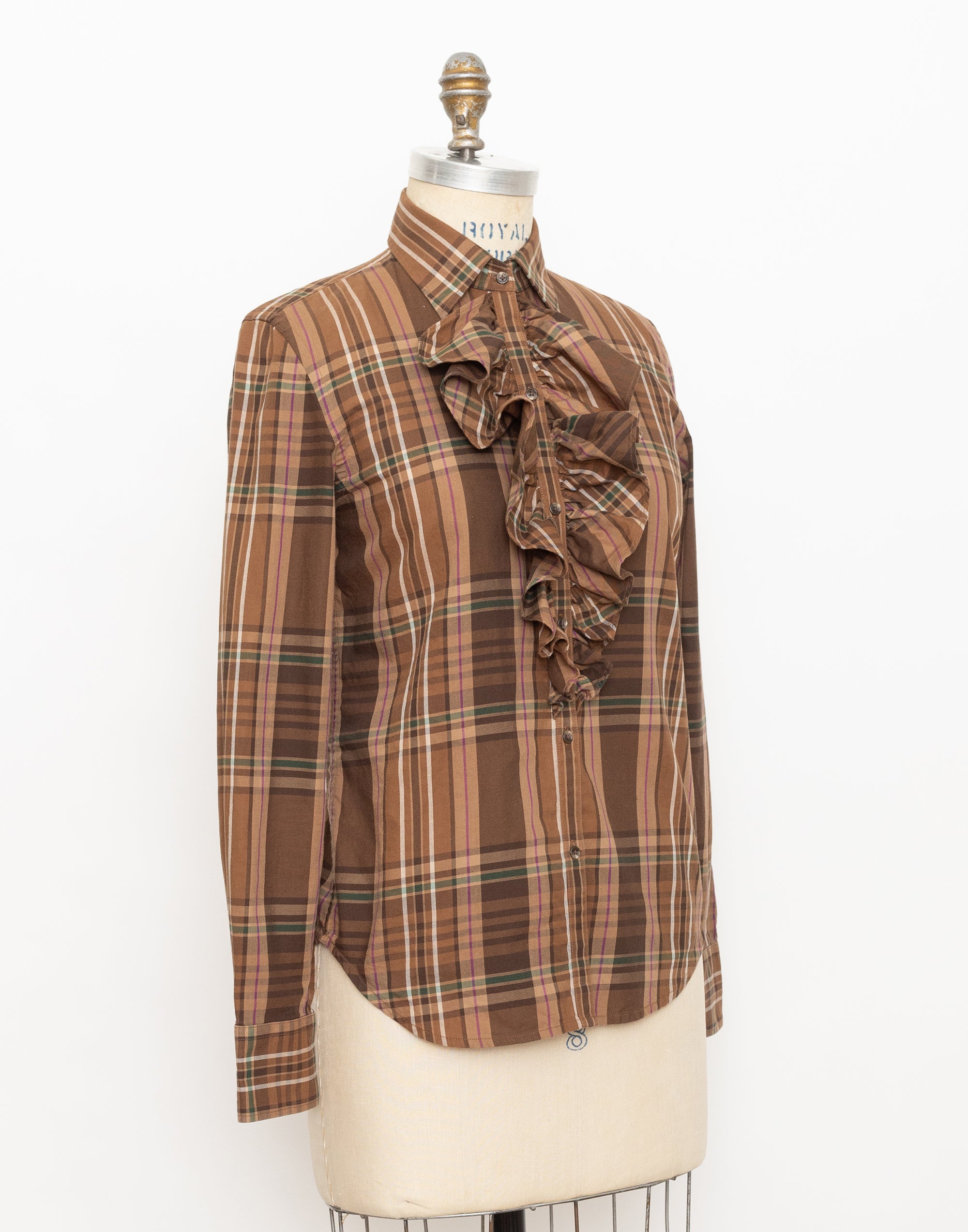 90s ralph lauren brown plaid ruffle long sleeve top