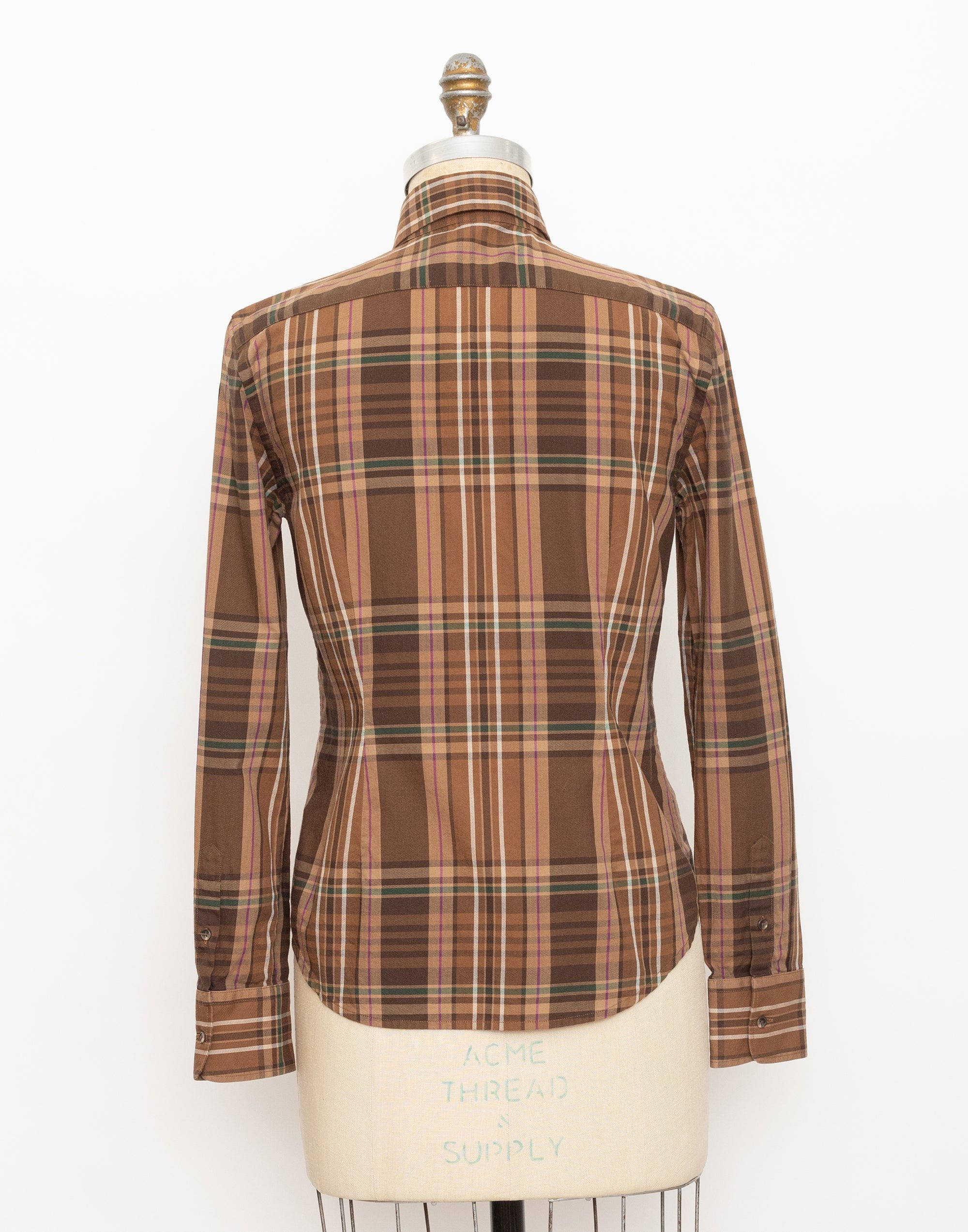 90s ralph lauren brown plaid ruffle long sleeve top