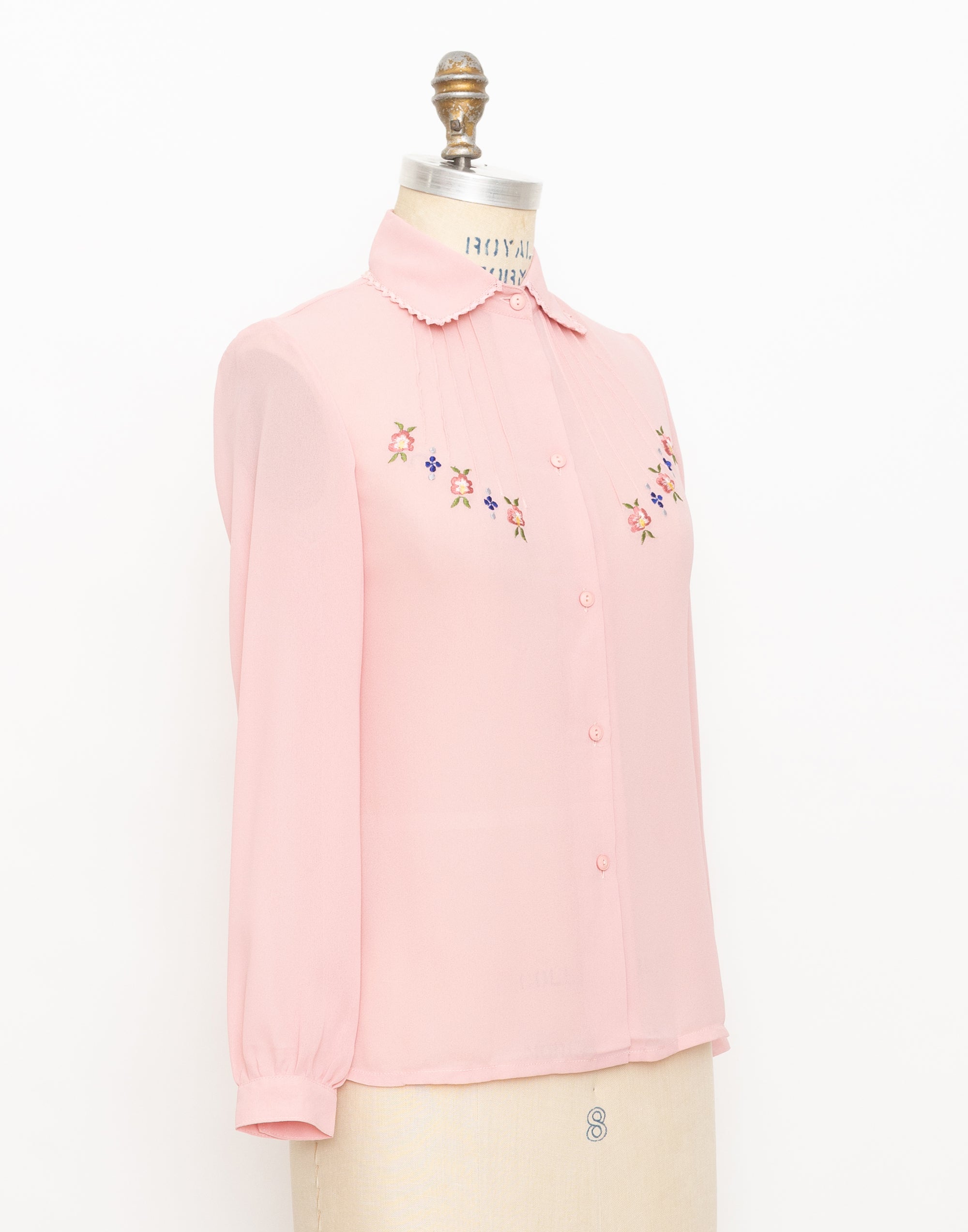 70s dusty pink pin tuck sweet floral blouse