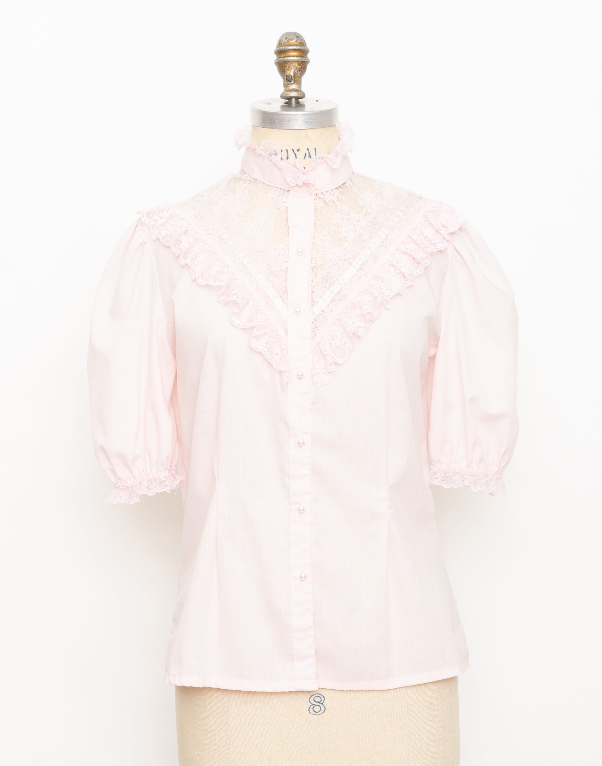 1980s light pink ruffled lace short slight puff sleeve top 1