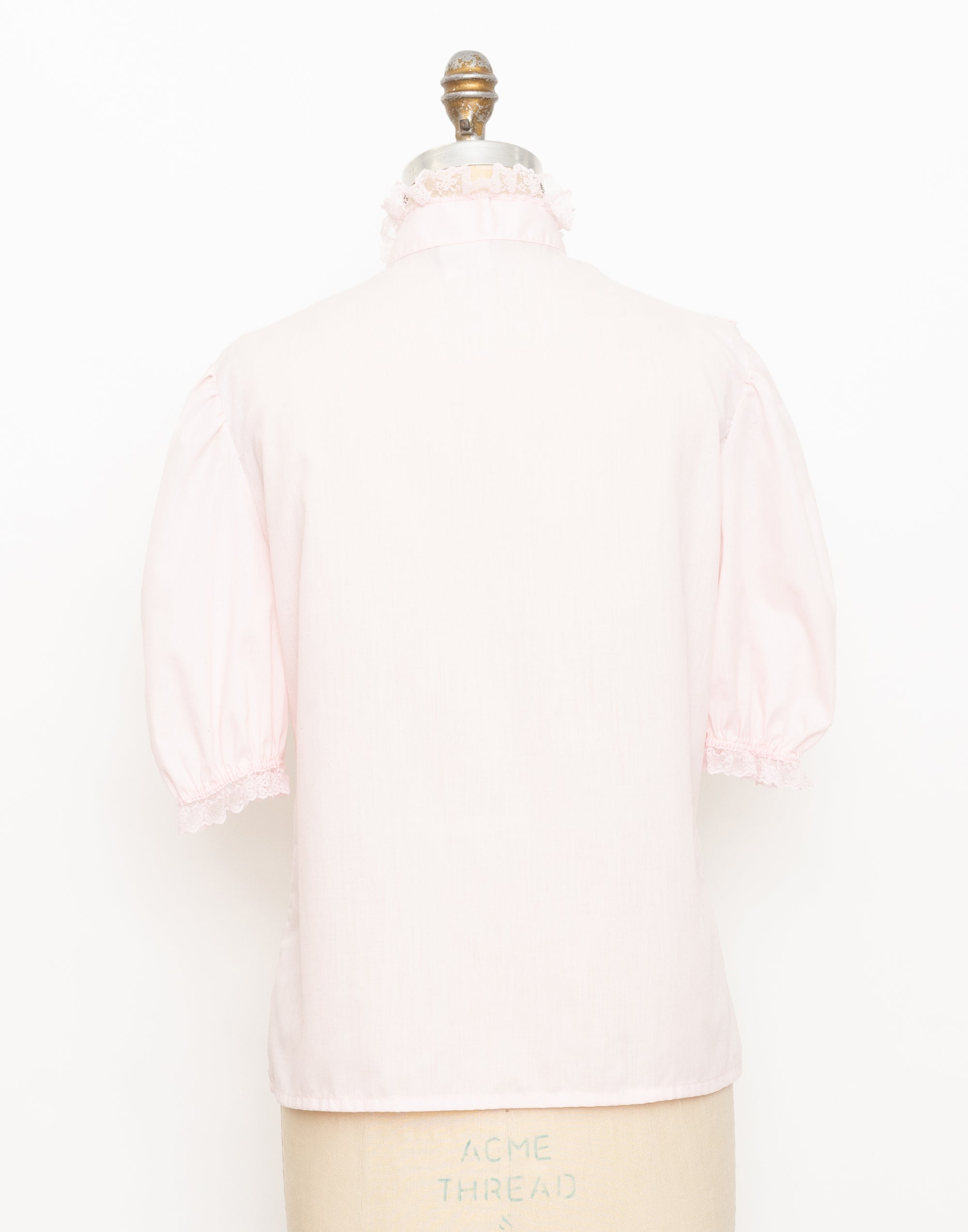 1980s light pink ruffled lace short slight puff sleeve top 3