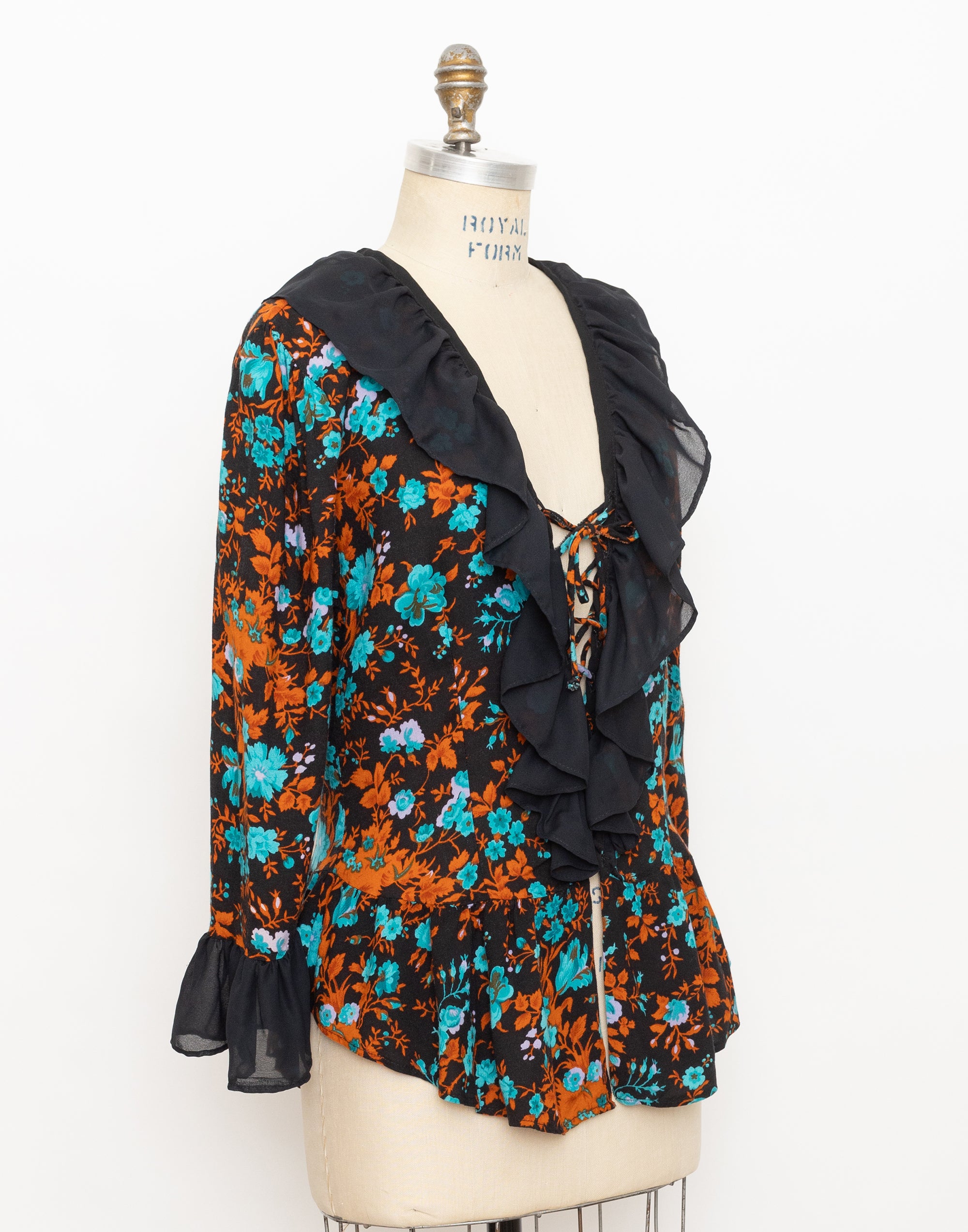 90s black ruffle floral print tie front blouse