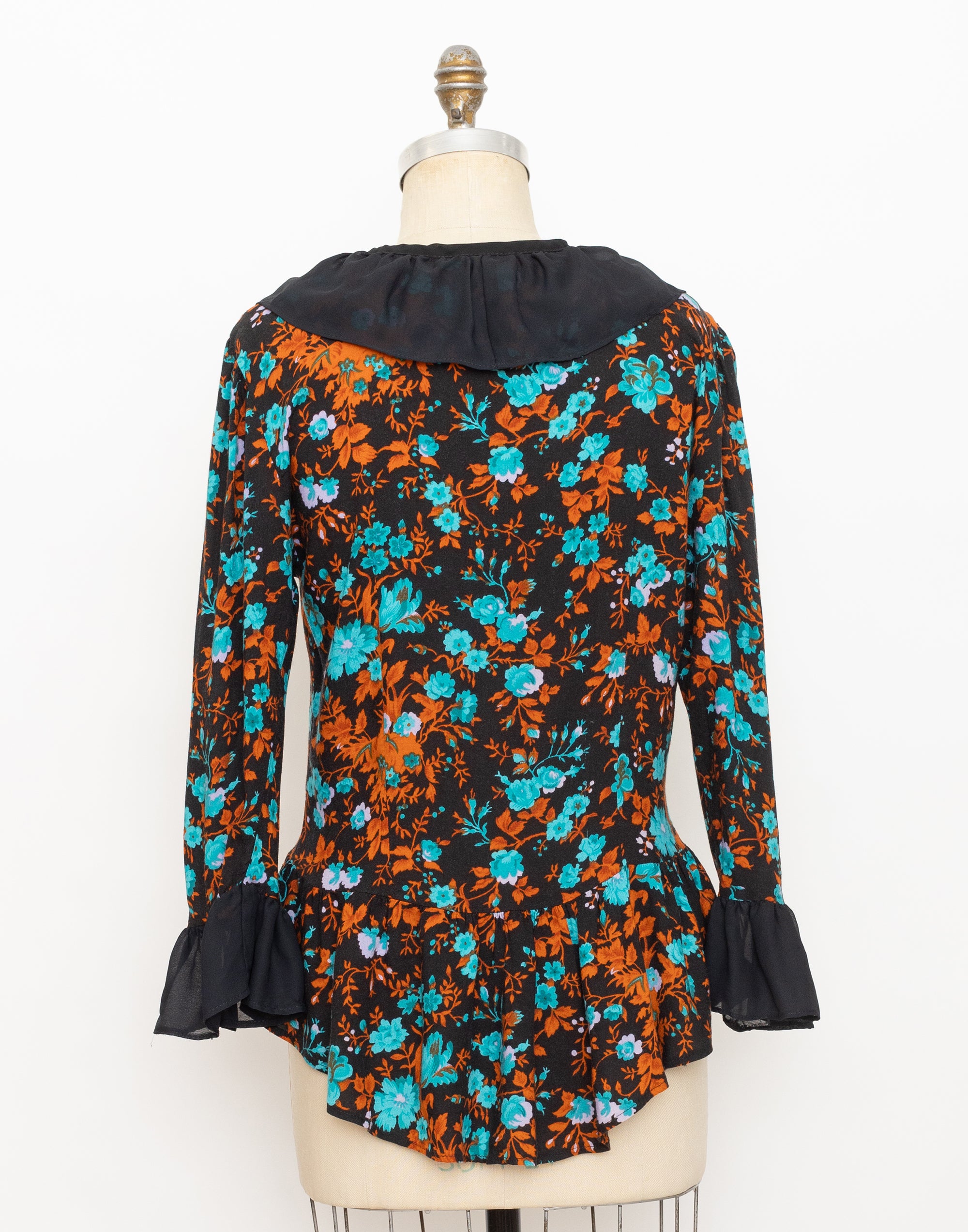 90s black ruffle floral print tie front blouse