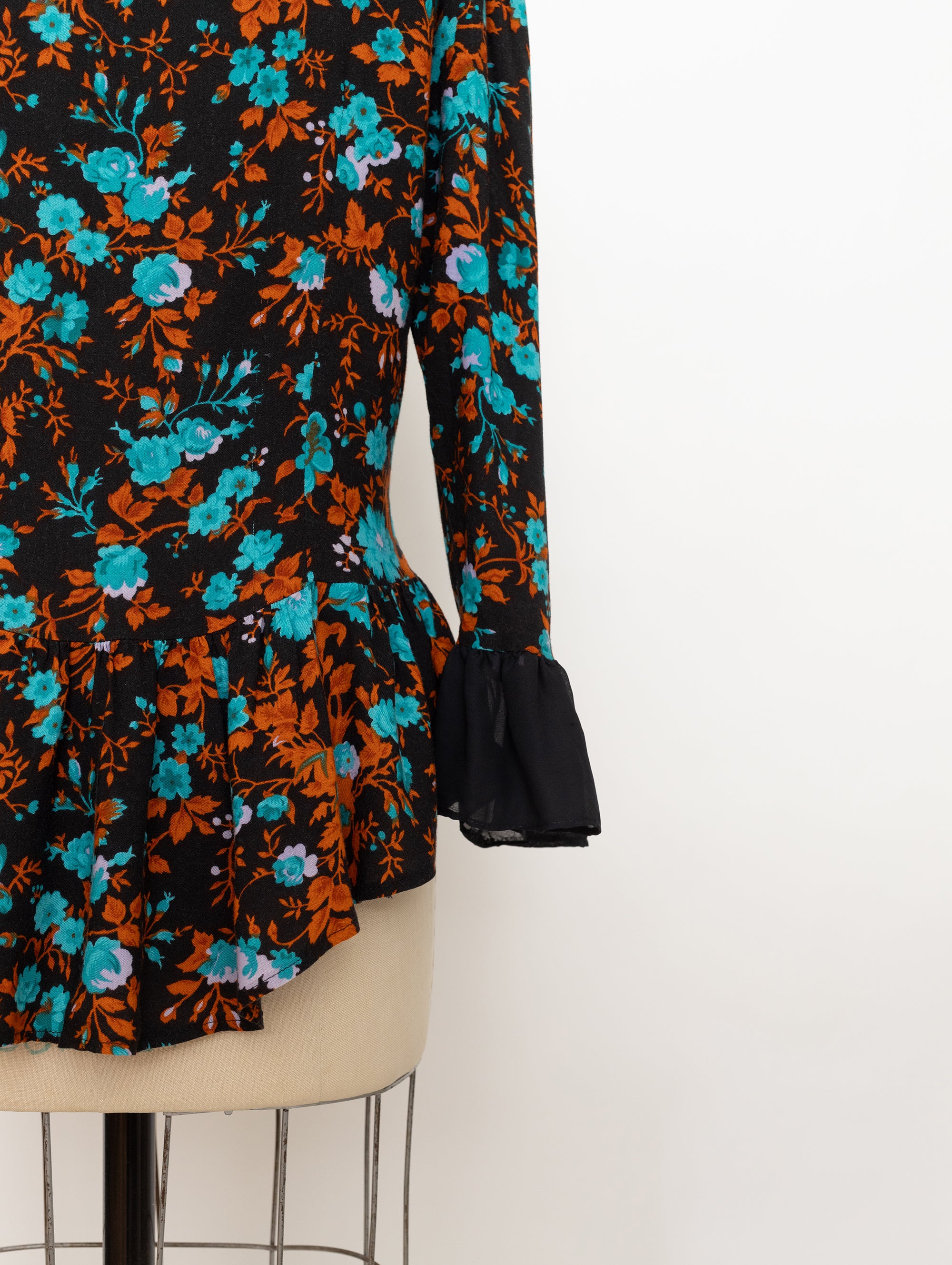 90s black ruffle floral print tie front blouse