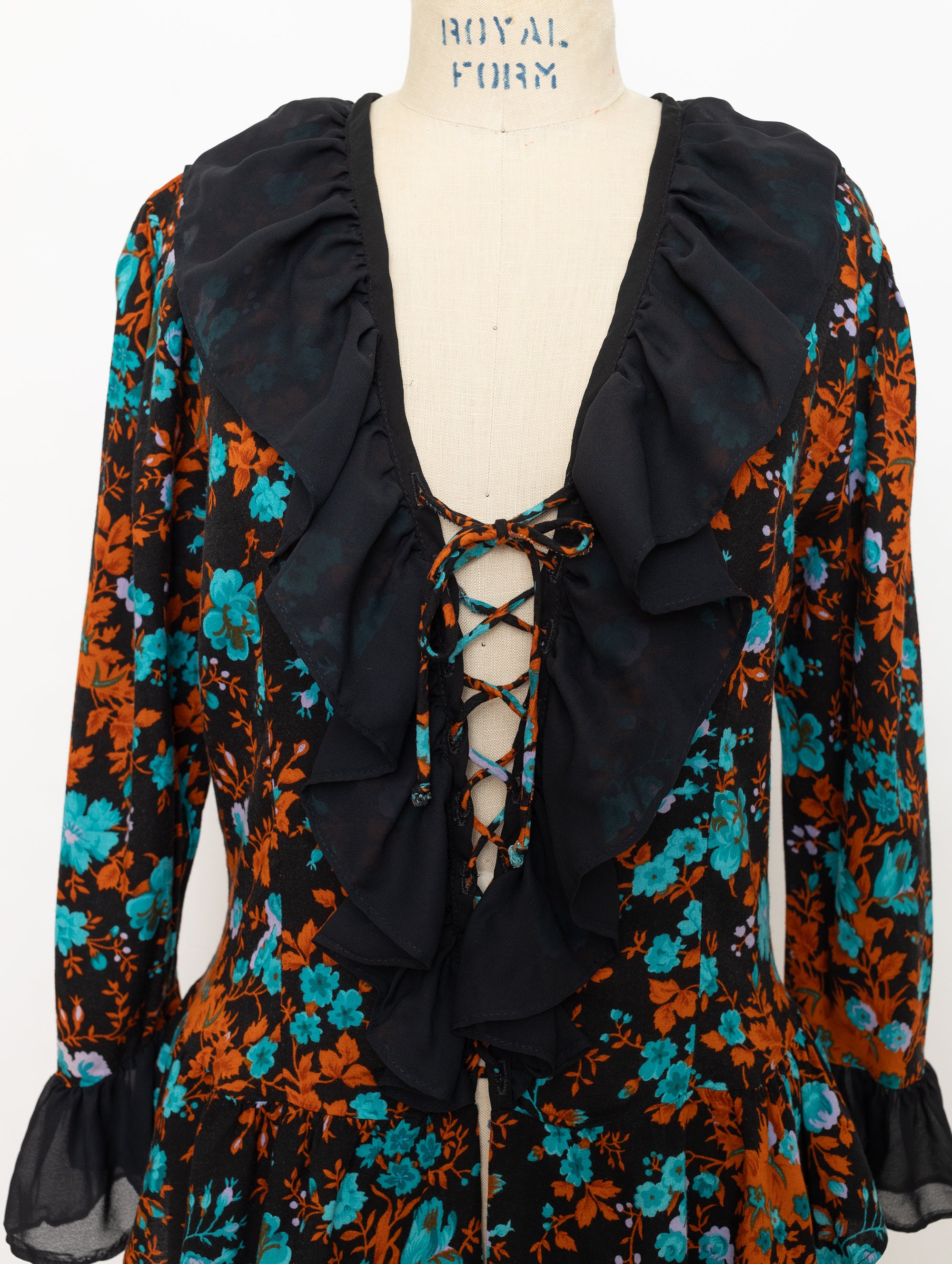 90s black ruffle floral print tie front blouse