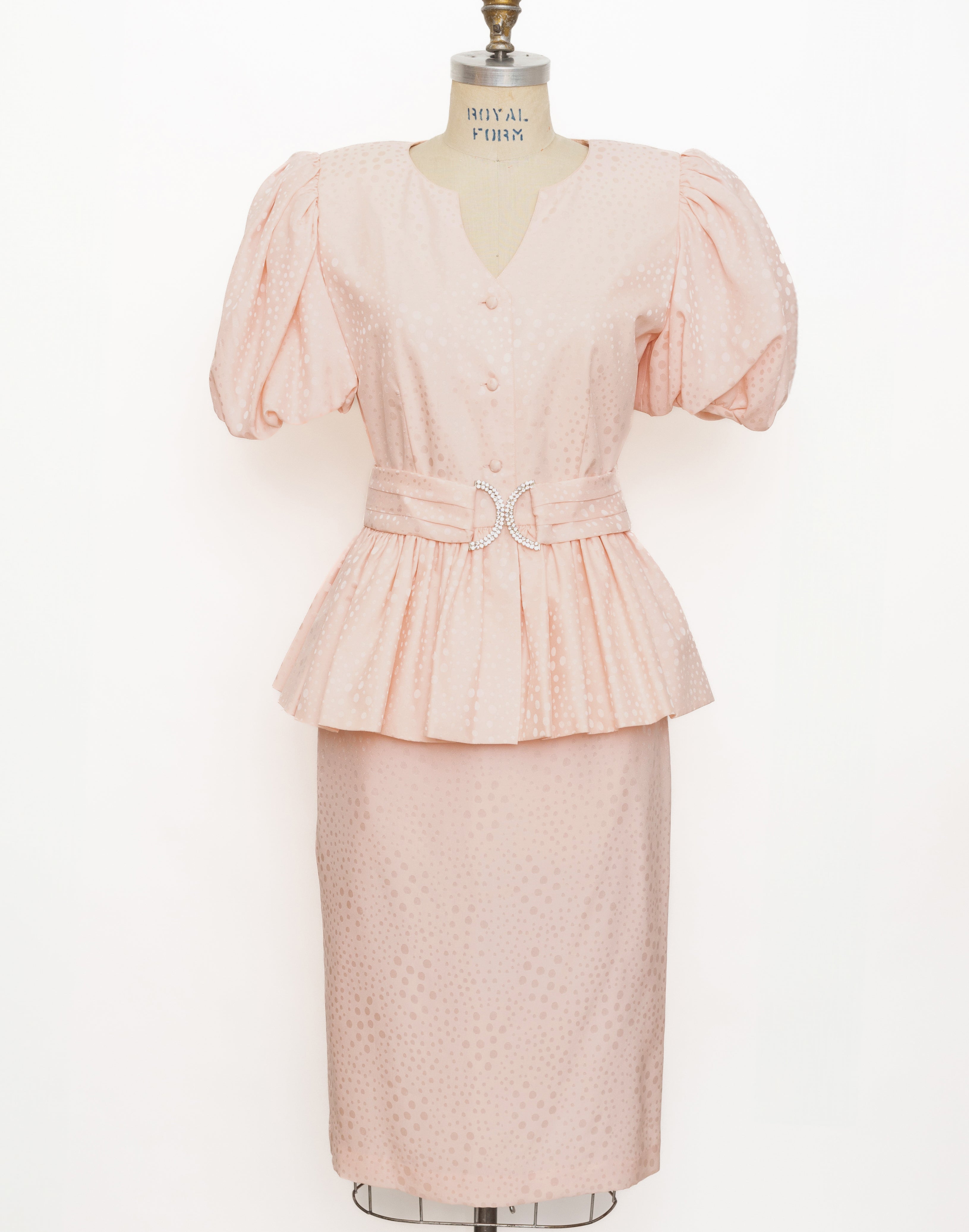 80s/90s St. Gillian Silks blush pink polka dot puffy sleeve peplum set with rhinestone belt 1