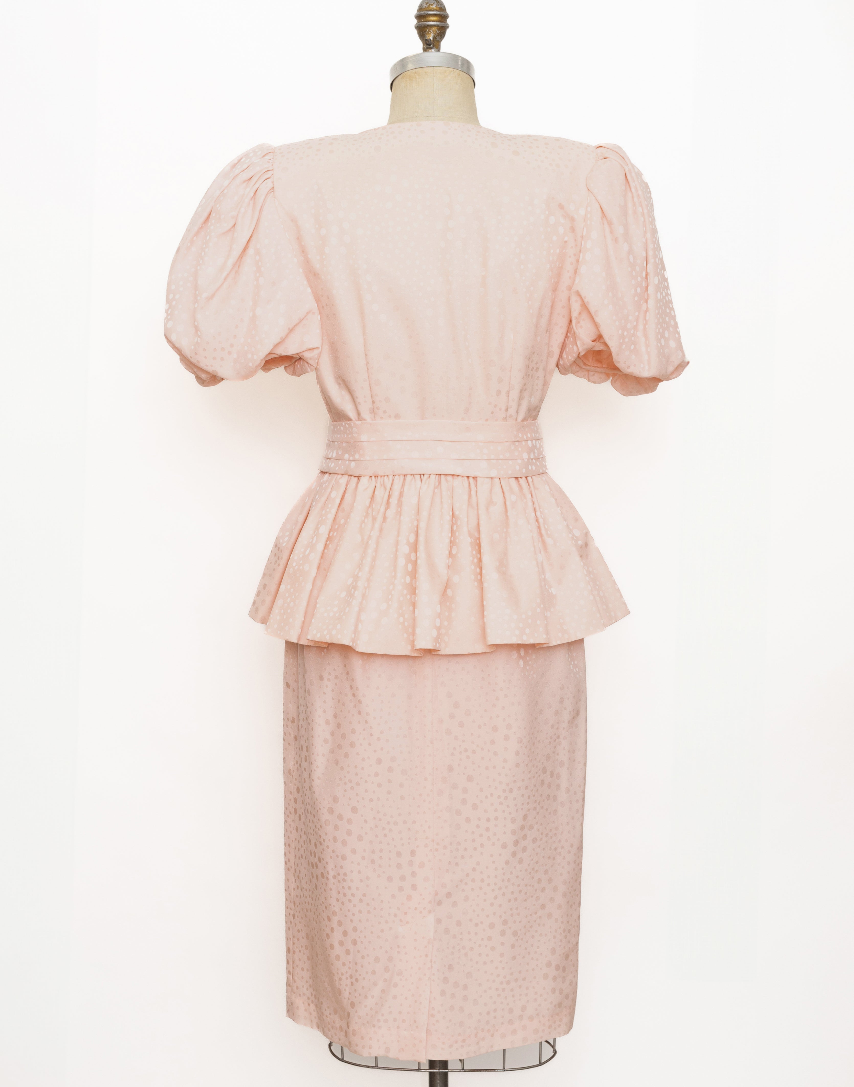 80s/90s St. Gillian Silks blush pink polka dot puffy sleeve peplum set with rhinestone belt 3