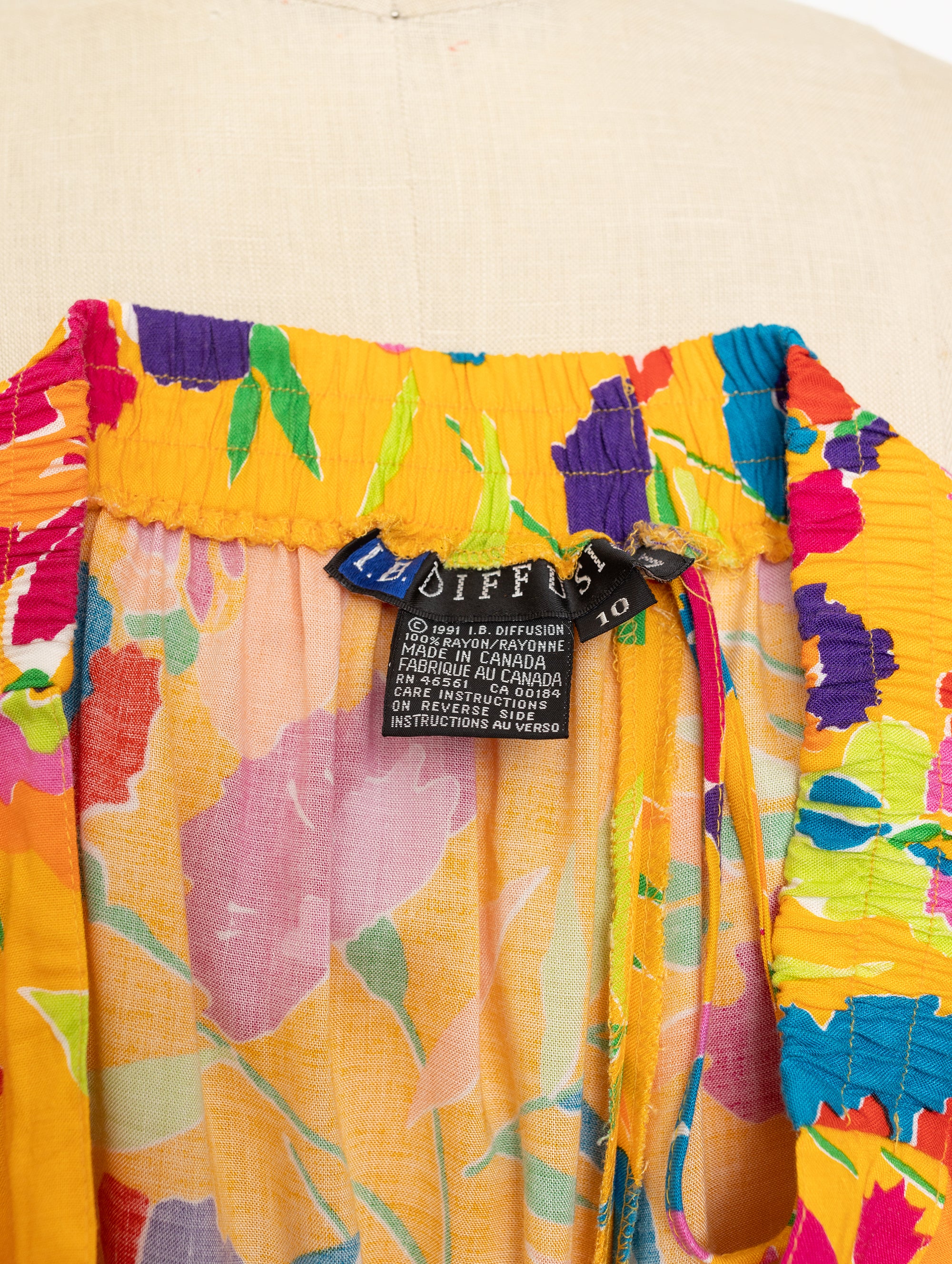 90s ib diffusion mustard multicolored abstract floral casual rayon top + shorts set